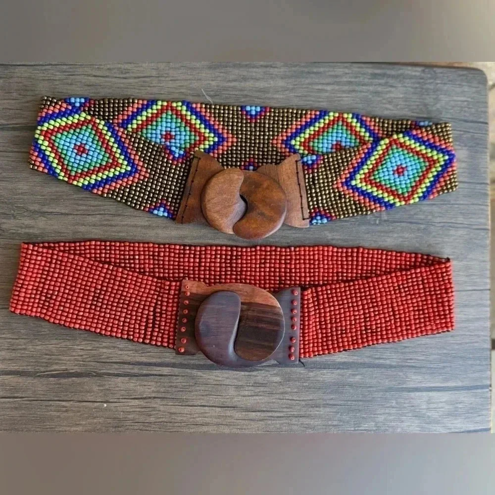 Beaded Elastic Waist Belt with Wooden Buckle - Multi and Red
